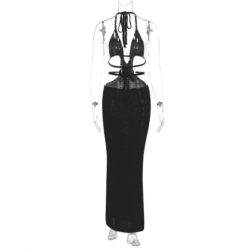 Women's Crochet Backless Sexy Halter Cut Out Bodycon Dress