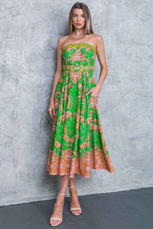Women's Flying Tomato Strapless Green Print Midi Dress