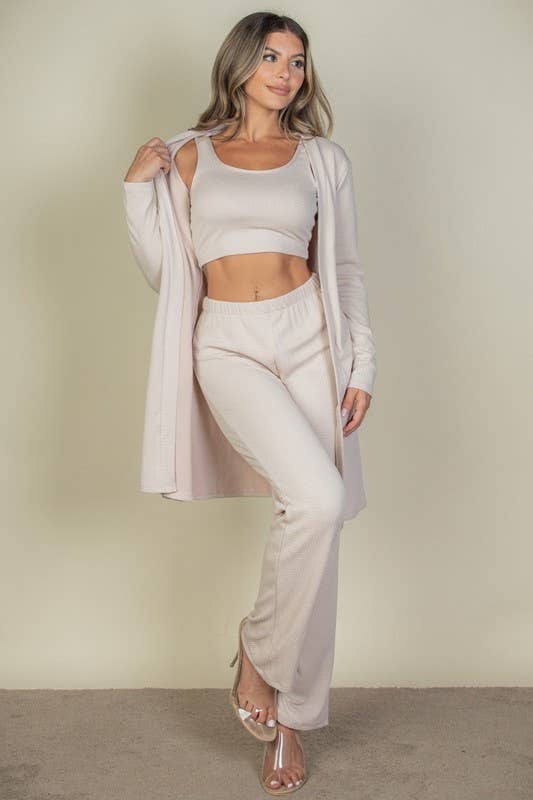 Women's Three Piece Set Cardigan, Crop Tank Top and Pants