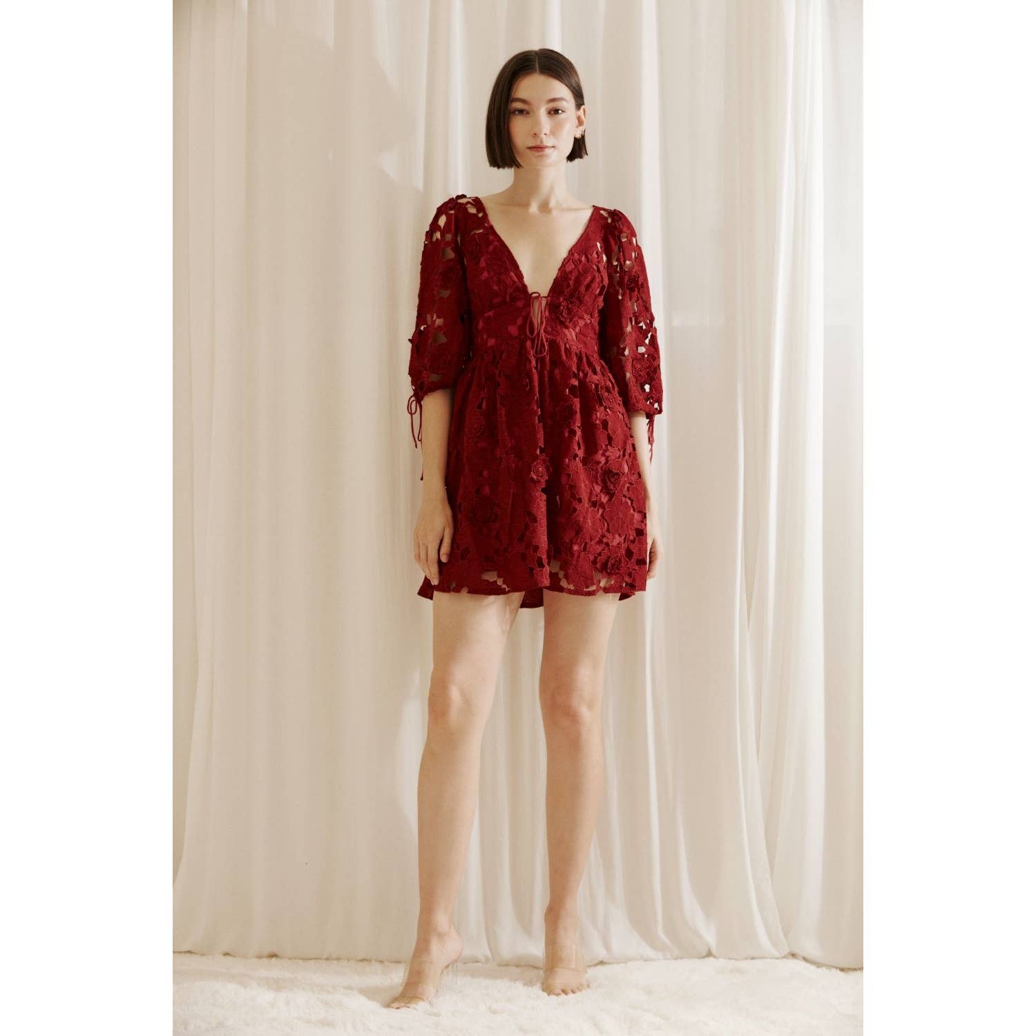 red eyelet mini dress Deasia Strapless Eyelet Mini Dress