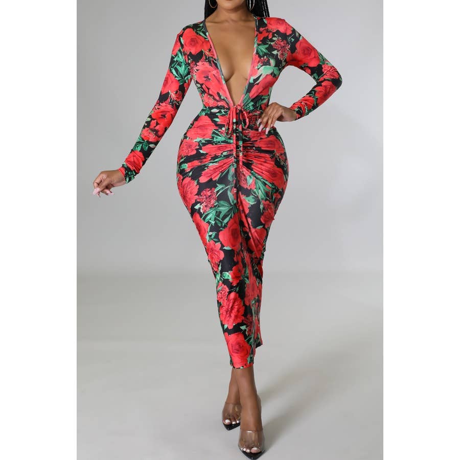 Women's Esmeray Deep v neck Long sleeves Ruched Bodycon Midi dress