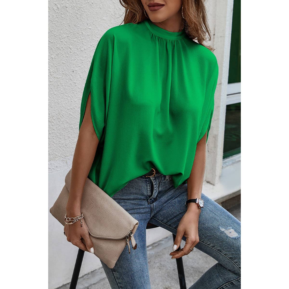 Women's Solid Cape Short Sleeve Loose Top / GREEN