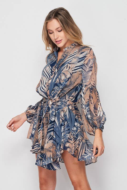 Women's Long Sleeved Palm Print Button Down flowy mini dress