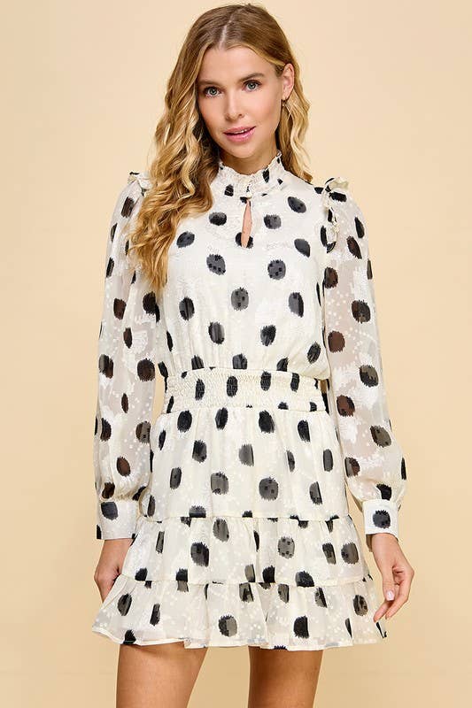Women's Long Sleeved Polka Dot Mini Smocked Waist Dress