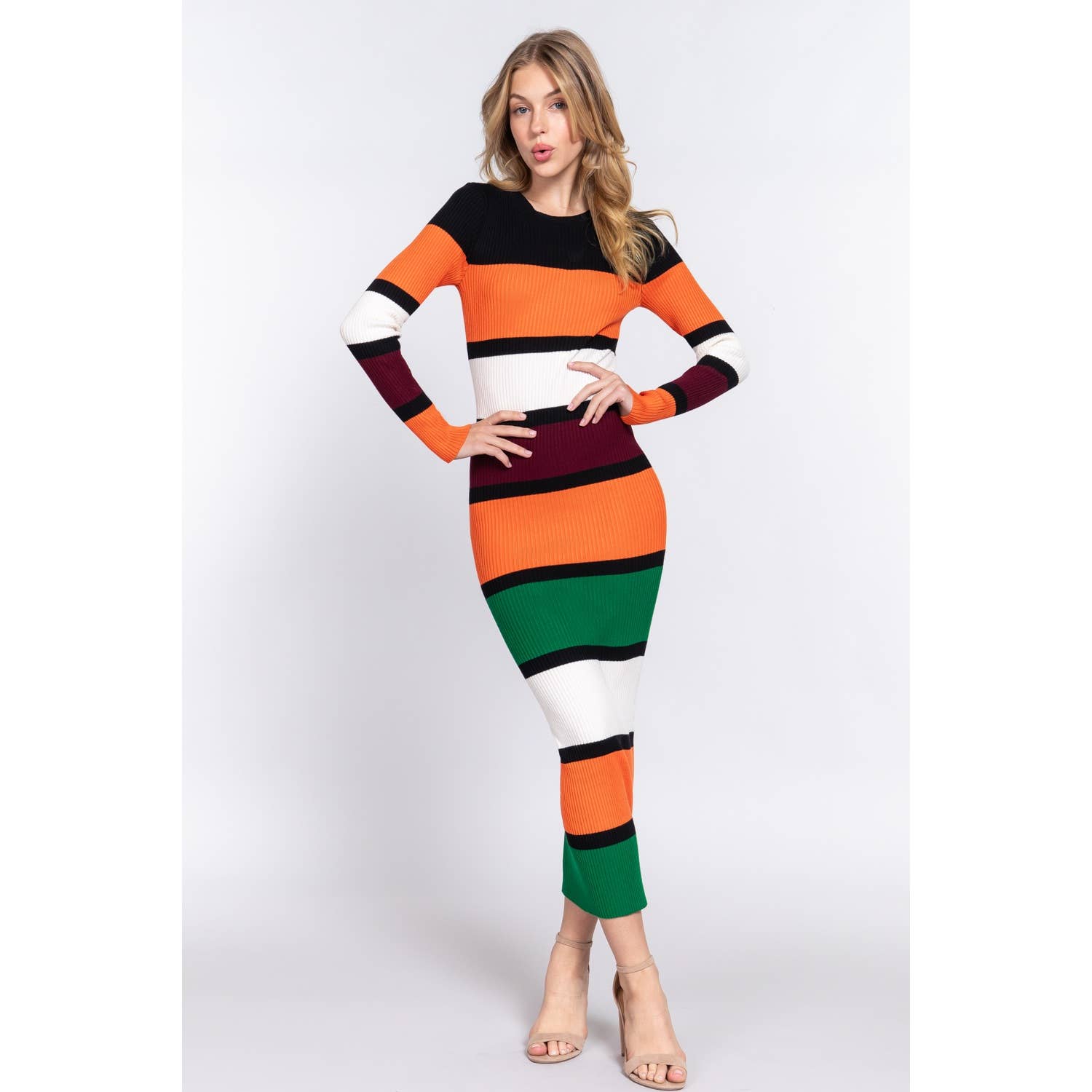 Women's Long Sleeve Midi Color Block Sweater Dress Women's Long Sleeve Midi Color Block Sweater Dress