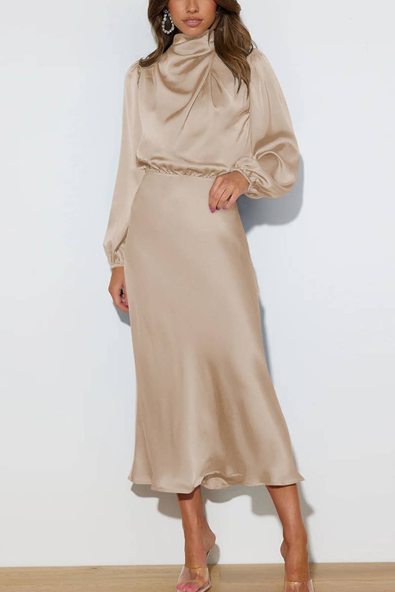 Women's elegant champagne satin midi dress